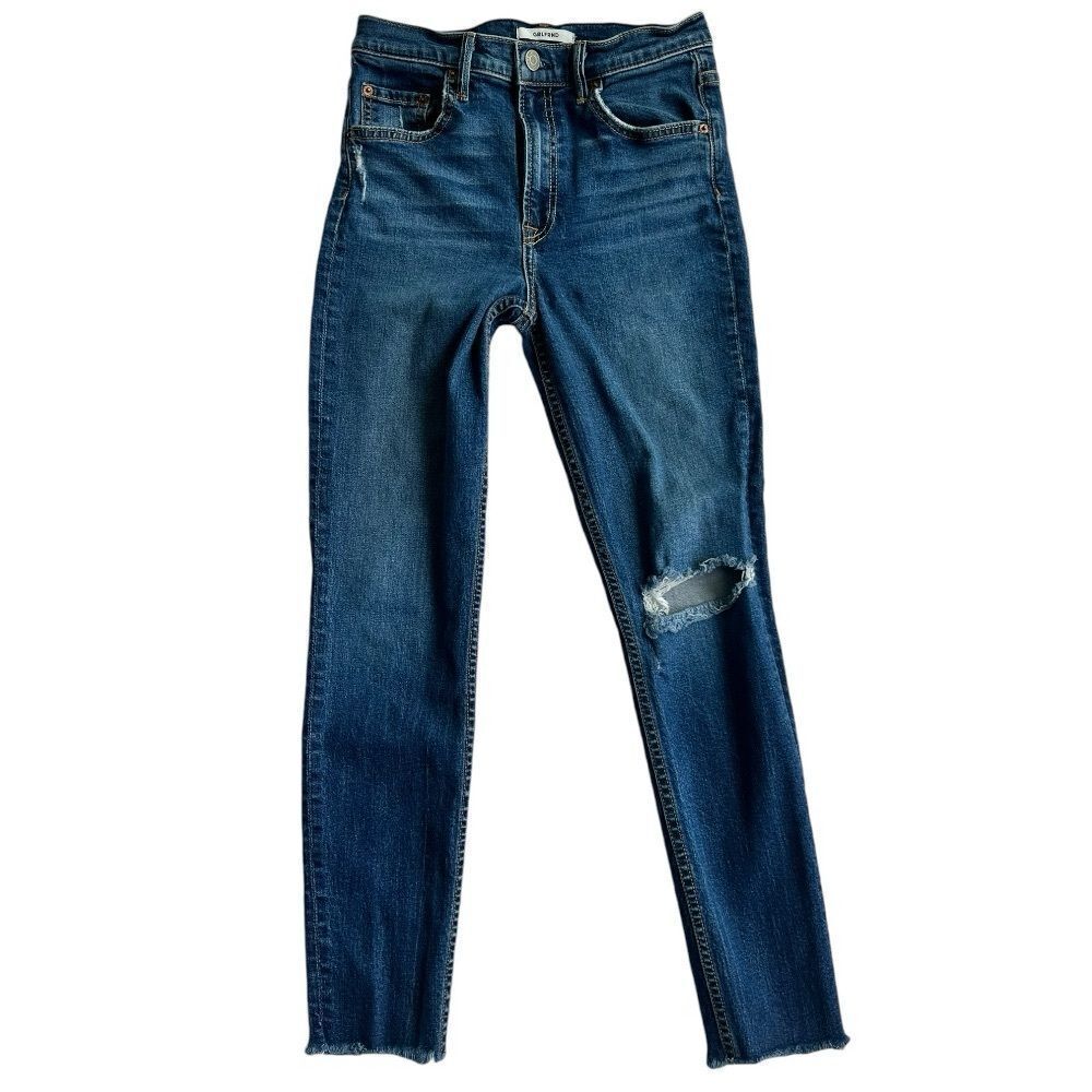 GRLFRND Blue Love All Around Kendall High Rise Raw Hem Rip Knee Skinny Jeans 25